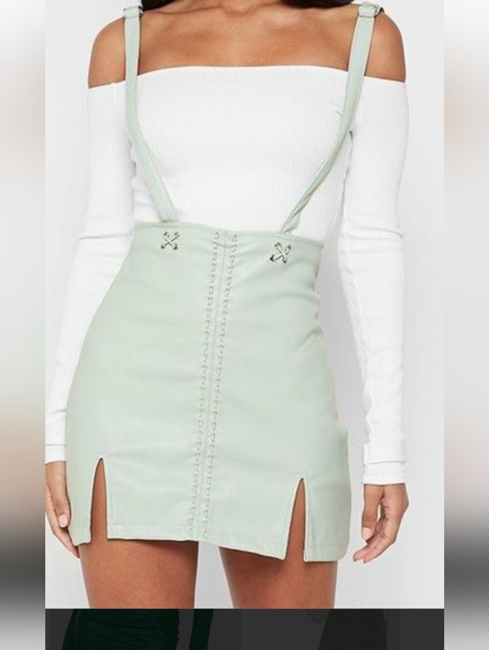 ​Manière De Voir Sage Green Faux Leather Mini Skirt with Suspenders Size 10 NWT